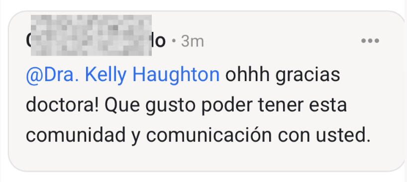 Comentario de una paciente a la Dra. Kelly Haughton en Renal Power