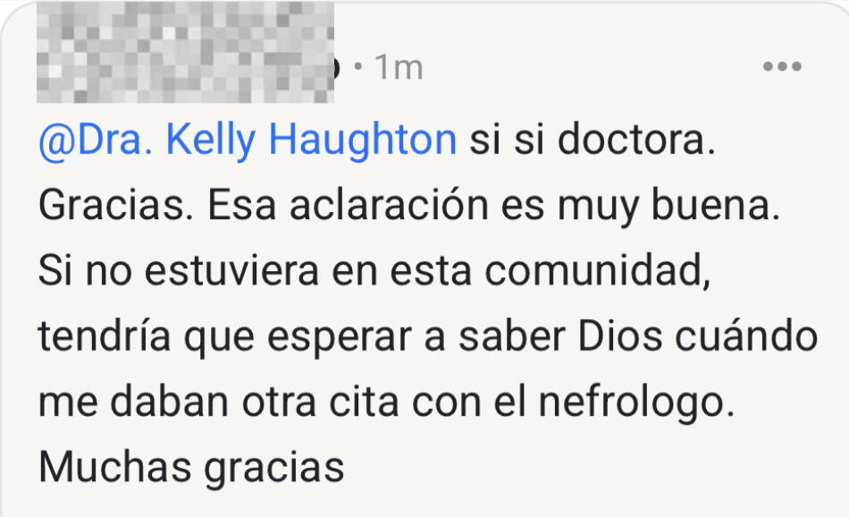 Comentario de una paciente a la Dra. Kelly Haughton en Renal Power